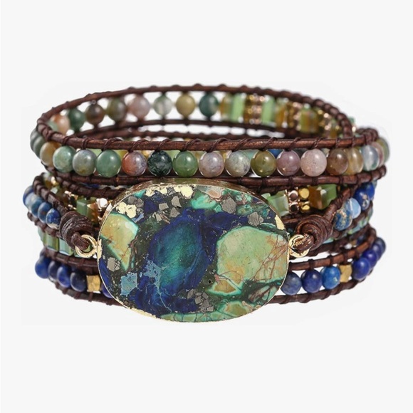 Jewelry - CLEARANCE Boho Handmade Natural Leather Bead Wrap Bracelet GREEN/BLUE JASPER